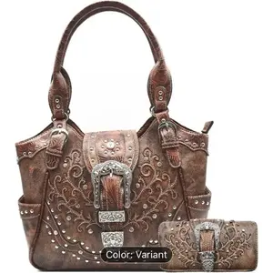 Western Style Tooled Concealed Carry Purse Buckle Country Large Totes Handbag Women Shoulder Bag Wallet Set Brown Classic Functionality