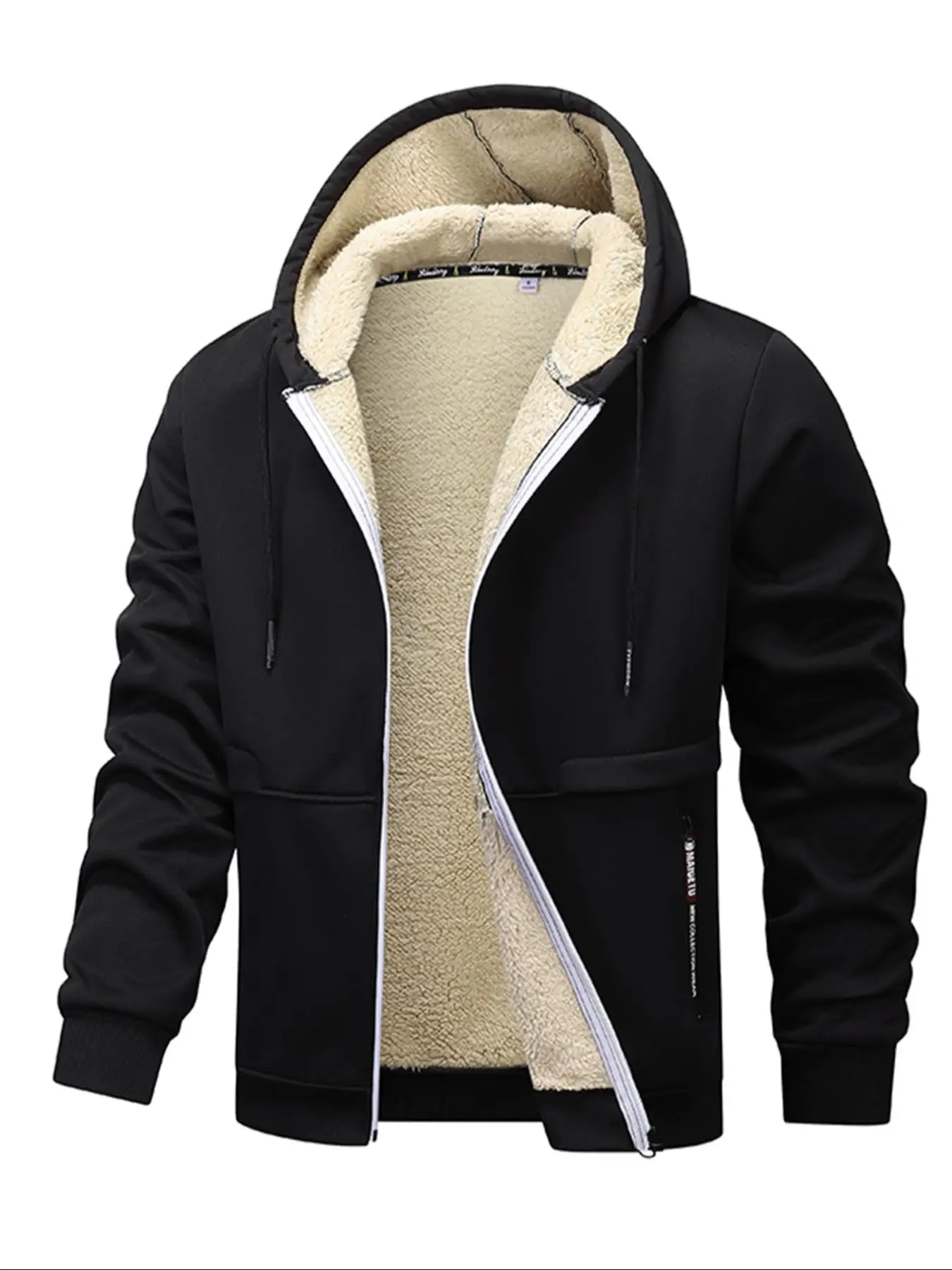Men's Regular Fit Solid Pocket Drawstring Zipper Hooded Fleece Jacket, Casual Long Sleeve Thermal Lined Outerwear for Winter, Men's Clothes for Daily