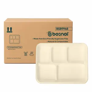 Bosnal - Sugarcane Bagasse Compostable 5-Compartment Food Trays - Case of 16 (400 Pcs)