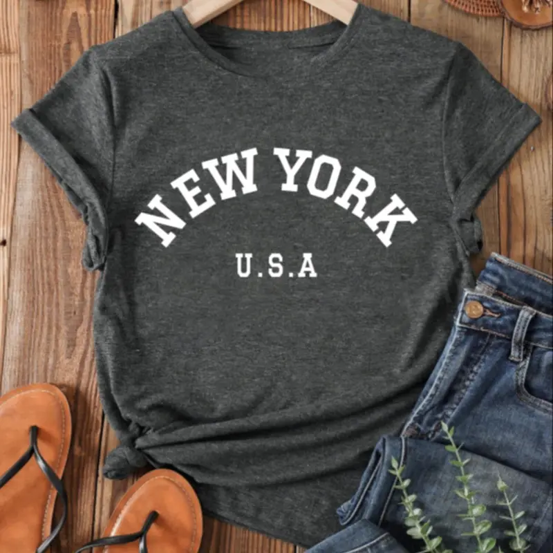 Women's Letter Print Drop Shoulder Tee, Summer Clothes Women, Casual Half Sleeve Round Neck T-Shirt for Summer, Fashion Women's Top for Daily Wear
