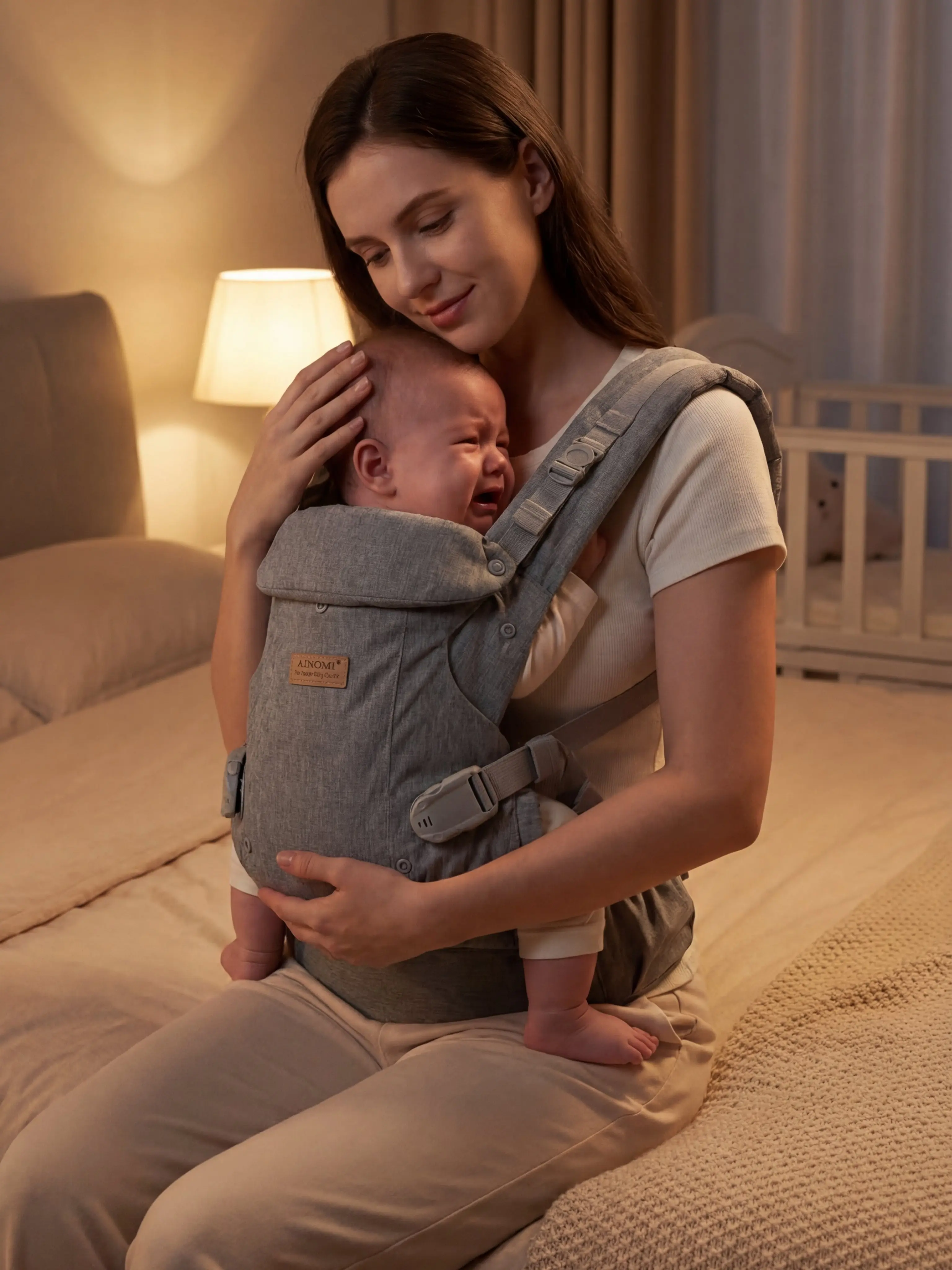 Ainomi Ergonomic Baby Sling Harness - Hands Free Carrier, Lightweight, Hip-Healthy, Adjustable Multi-Position, Front-Facing, Postpartum Use, Logo Print for Newborn Sling Carriers to Toddlers
