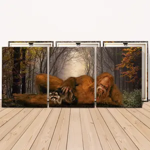 3 Counts Wooden Framed Canvas, Mysterious Forest Hairy Giant And Raccoon Images, Exquisite Poster, Perfect Living Room Decoration, Modern Art, Modern Home Decor, Fashion Family Poster, Wall Art Decoration, Waterproof Art