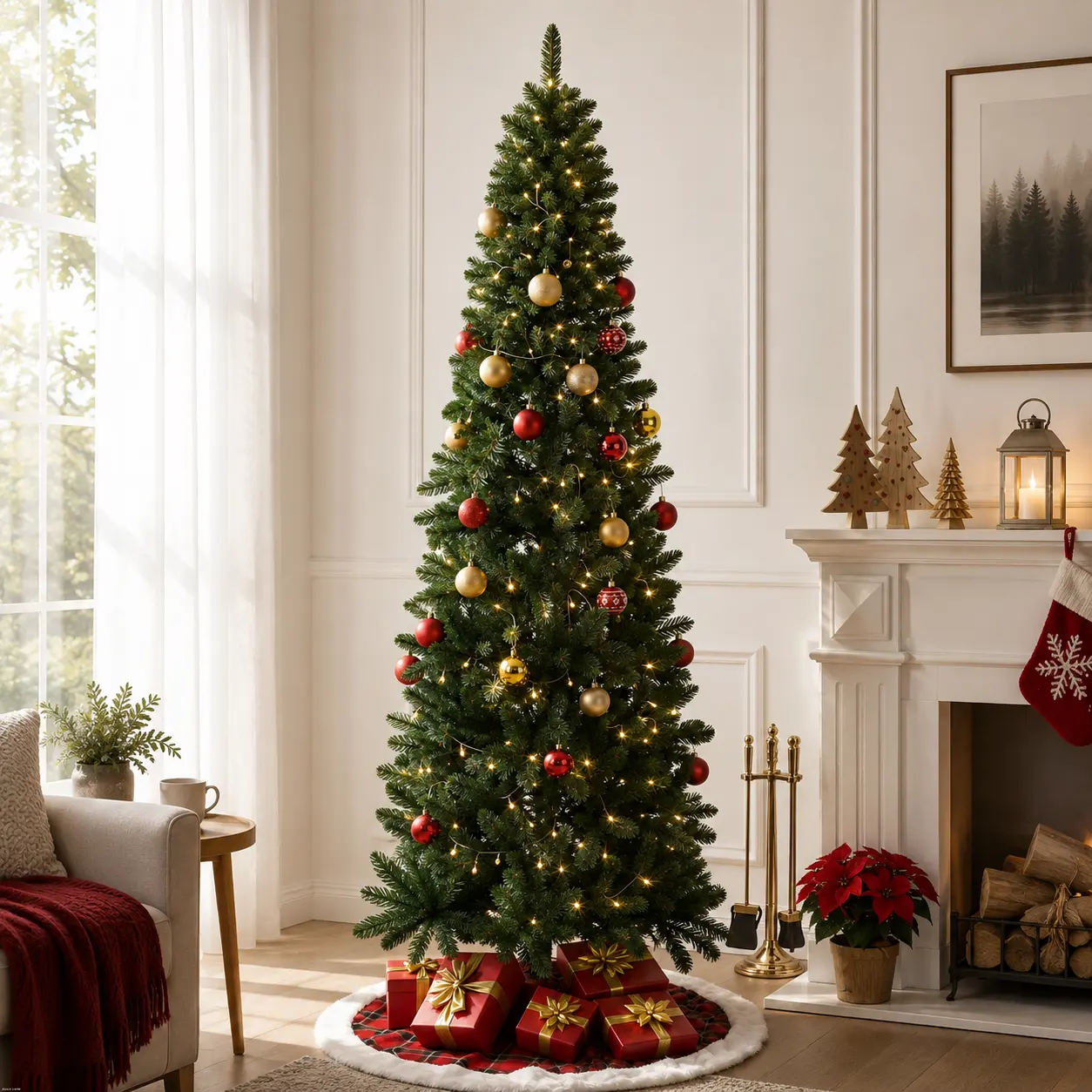 Slim Size Fireproof PVC Pre-lit Pencil Artificial Christmas Tree - With Incandescent Lights, 8 Light Modes, Branch Tips, Foldable Base for Home, Office Decorating & Christmas Decor, Home Ornaments