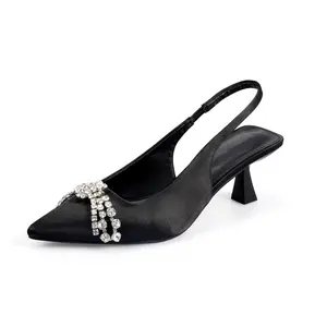 Women's Low-Heel Pointed Toe with Diamonds Bow Sling back Shoes Girl Walking Shoes Elegant High Heels Fashion Footwear Classy Heeled Stylish