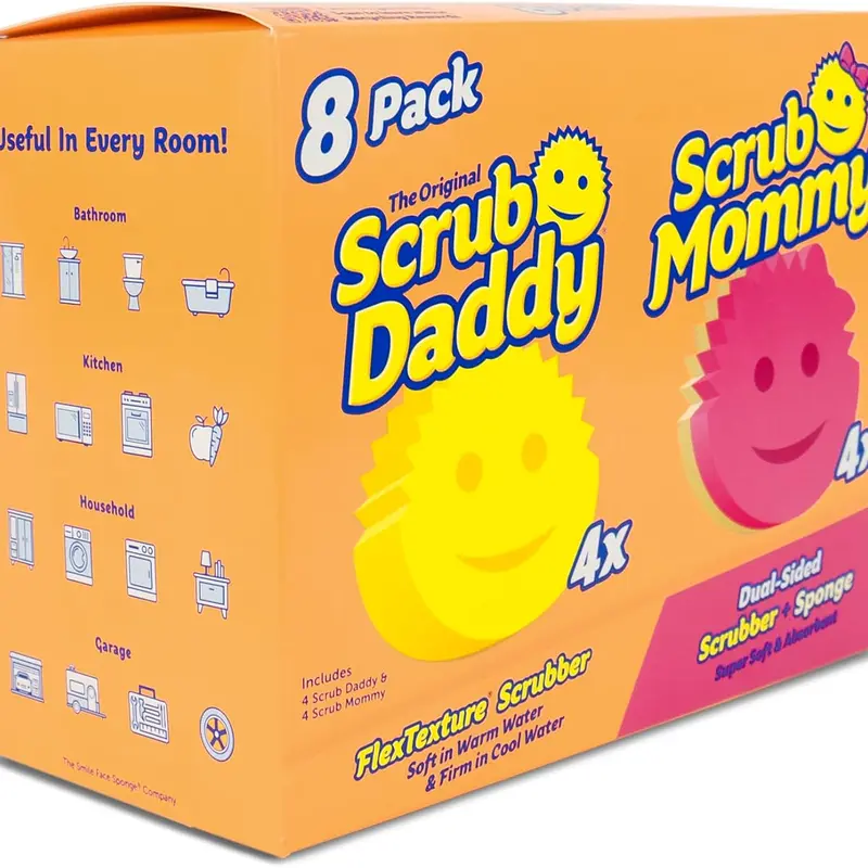 8-Piece Reusable Polymer Sponge & Scouring Pad Pack - 4x Scrub Daddy, 4x Scrub Mommy Cleaning Supplies, Durable, BPA-Free, Eco-Friendly, Scratch-Free, Odor-Resist Fresh, Fresh-Stay Foam for Dishes, Kitchen Surfaces