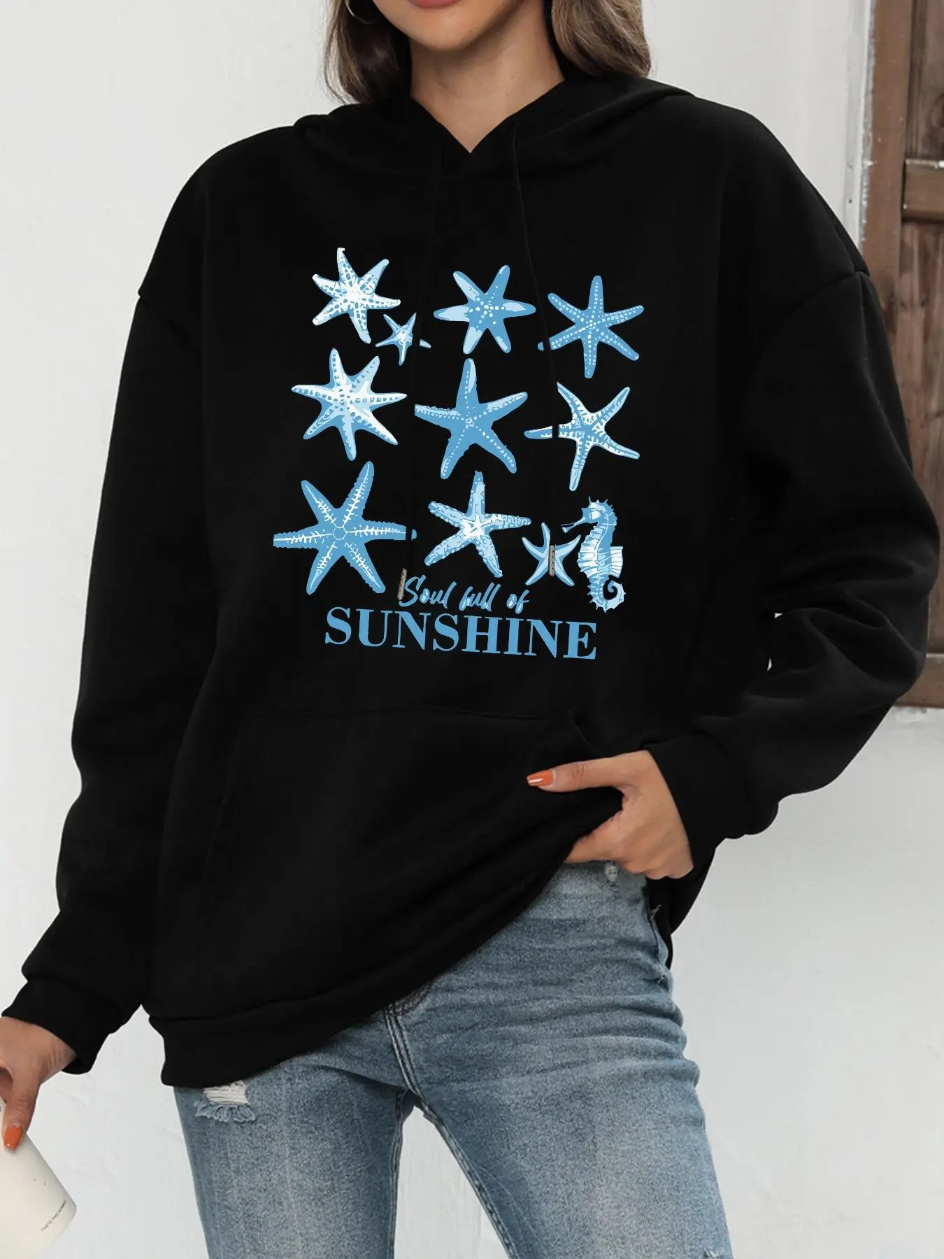 Women's Starfish & Letter Print Drawstring Pocket Hoodie, Casual Drop Shoulder Long Sleeve Hooded Sweatshirt, Ladies Fall & Winter Clothes for Daily Wear