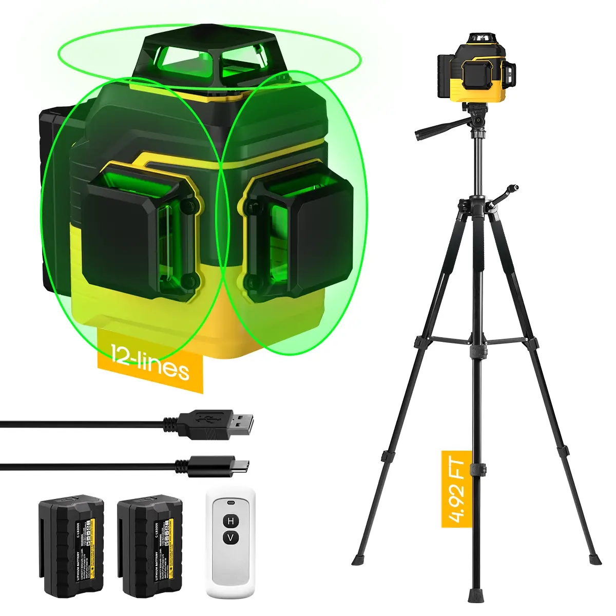 Laser Level with Tripod, Laser Level 3x360°/2x360° Self Leveling 12/8 Green Line, Rechargeable Battery 3000 mAh & Type-C Charging Port, Compact Adjust
