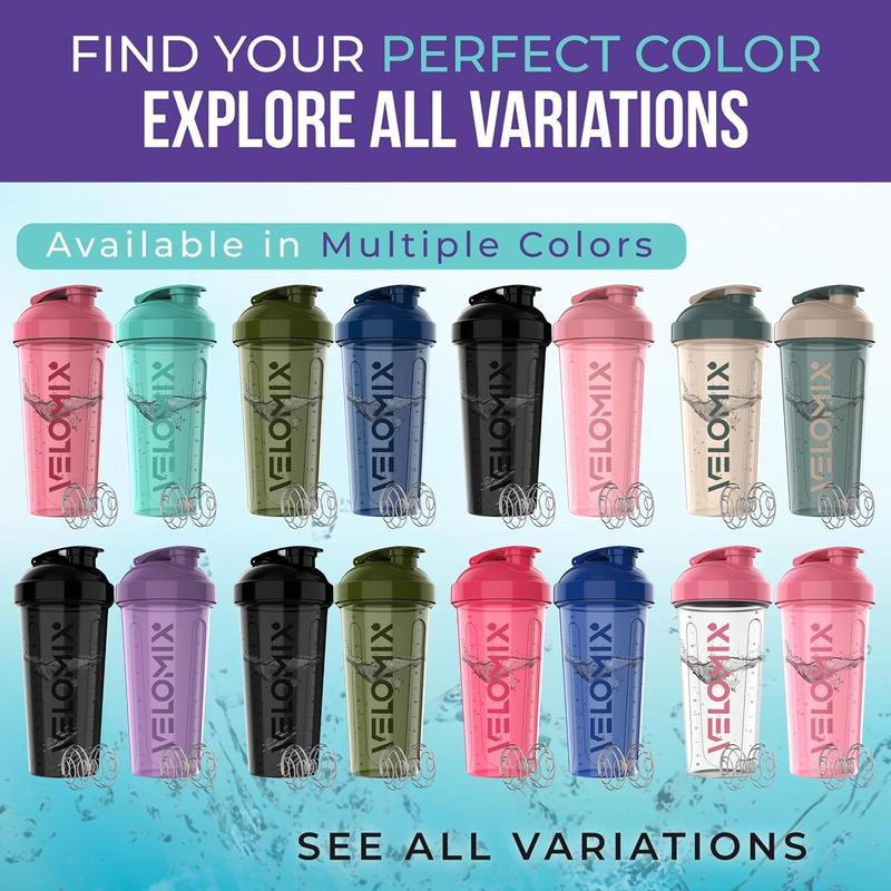 -2 Pack- 28 Oz Protein Shaker Bottles for Protein Mixes - 2X Wire Whisk | Leak Proof Shaker Cups for Protein Shakes | Protein Shaker Bottle Pack (Black/Transparent) VELOMIX