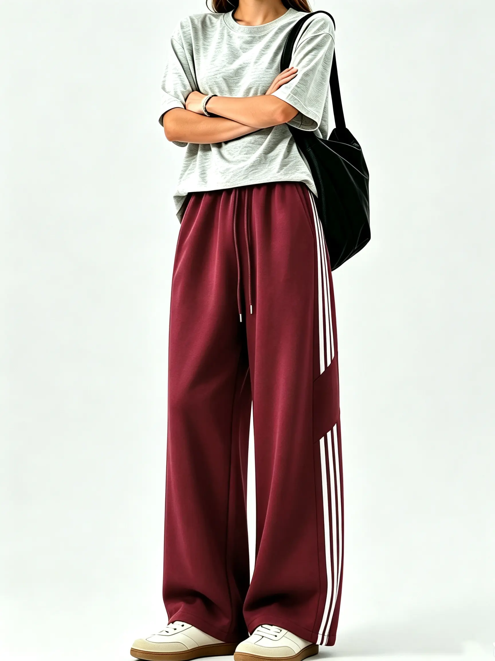 Women’s Wide-Leg Athletic Sweatpants - 3 White Side Stripes, Elastic Drawstring Waistband, Loose Straight Cut, Color-Blocked Vertical Stripe, American Vintage Style, All-Season Versatile Bottoms
