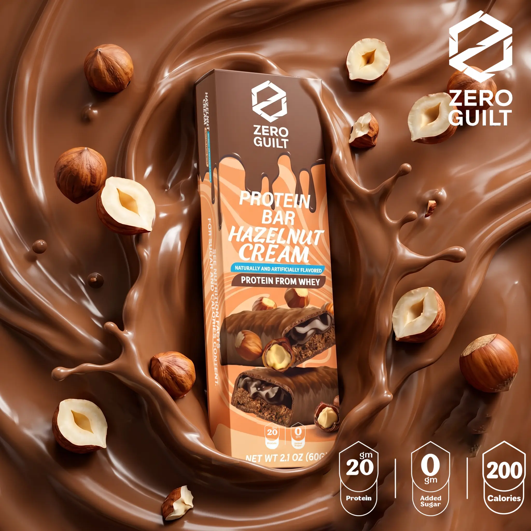 ZERO GUILT Hazelnut Cream 20G Protein Bar, ZERO Added Sugar, 60g Net Weight - 12 Pack, Snacks, Ready To Eat Snacks
