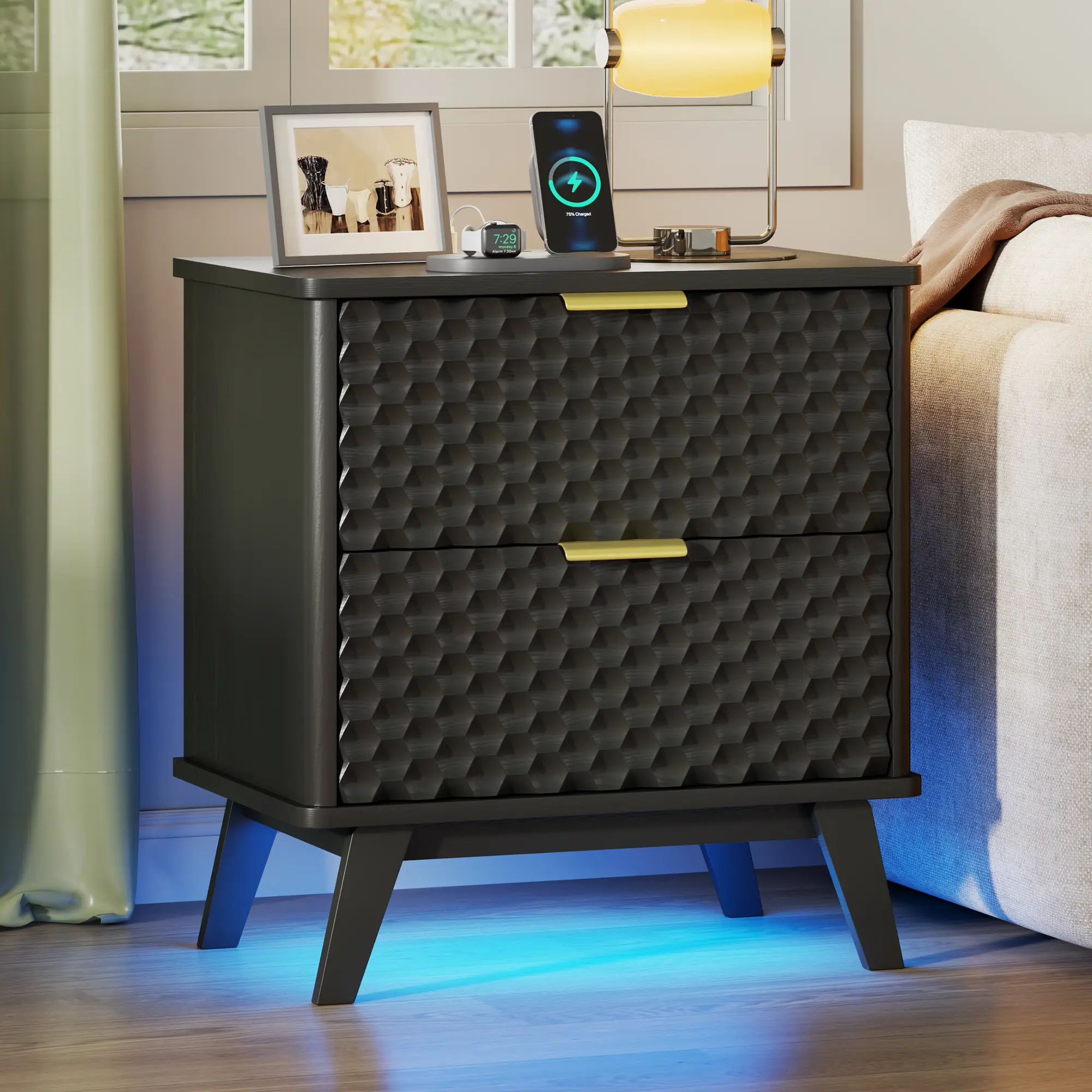 Vlsrka Smart Nightstand with Charging Station and LED Lights | 23.62" Wide Night Stand with 2 Drawers, Motion Sensor Motion-Activated Underlight, Honeycomb Bedside Table for Bedroom