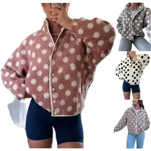 Womens Fall Winter Fleece Jacket Dot Pattern Long Sleeve Lapel Button Down Sherpa Coat