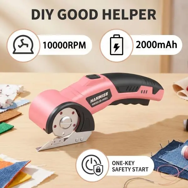 Hanwise Cordless Electric Fabric Scissors Cutter - 1-Key Safety Portable Rotary Tool with Sewing Accessories and Supplies for Cloth, Leather, DIY Projects