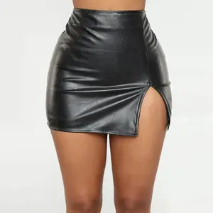 Women's PU Leather Skirt, Solid Color Slit Skirt. High-waisted stretchy zip-fly A-line pencil mini skirt for women, women’s bottoms for daily outdoor wear, chic boho style, black minimalist casual basic