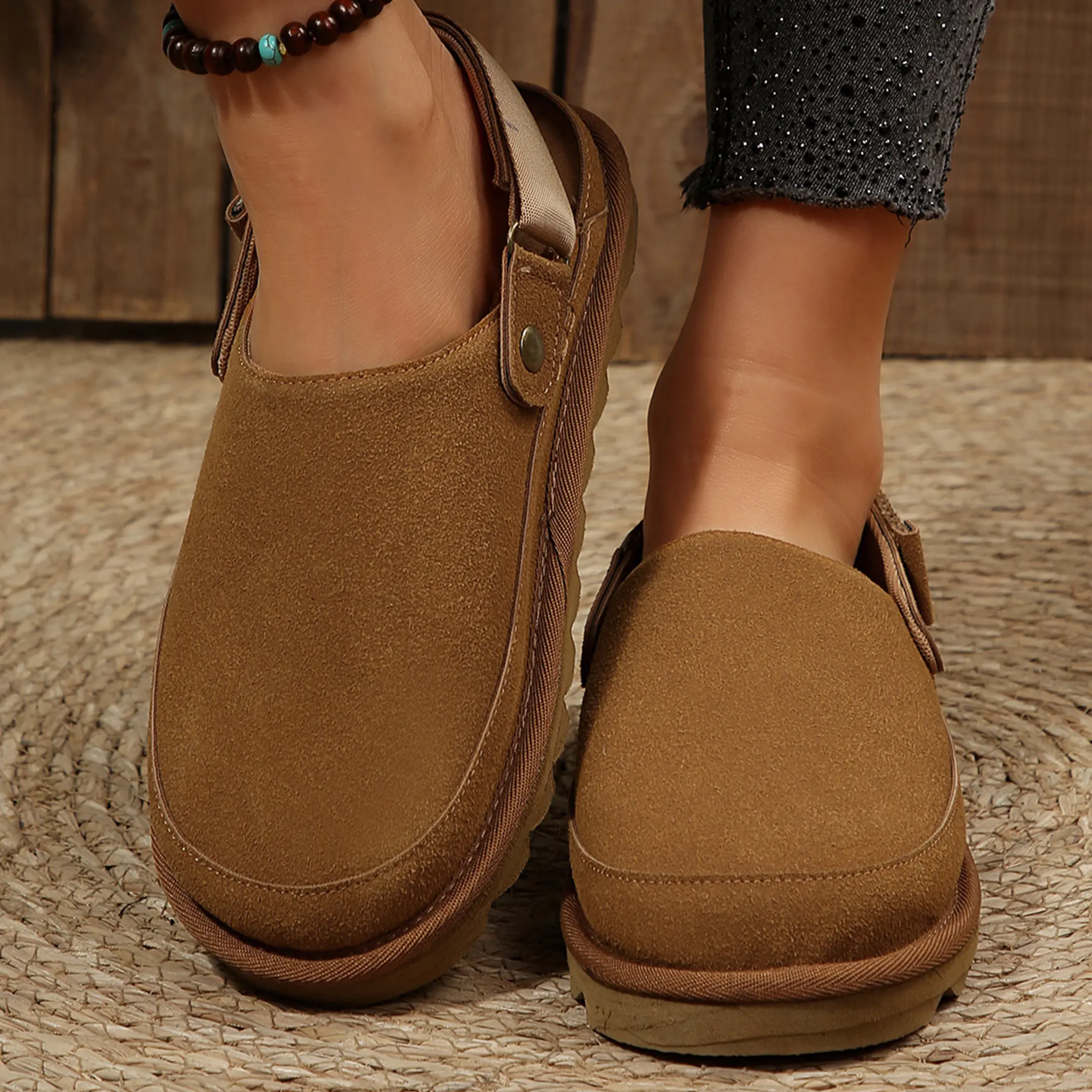 Women's Retro Sandals Suede Mules with Adjustable Buckle Non-Slip Platform Clogs Indoor Outdoor Shoes Springfresh
