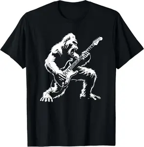 Round Neck Shortsleeve Cotton Graphic Tees Casual Streetwear Fashion Bigfoot Playing Guitar Rock Music Band Sasquatch T-Shirt