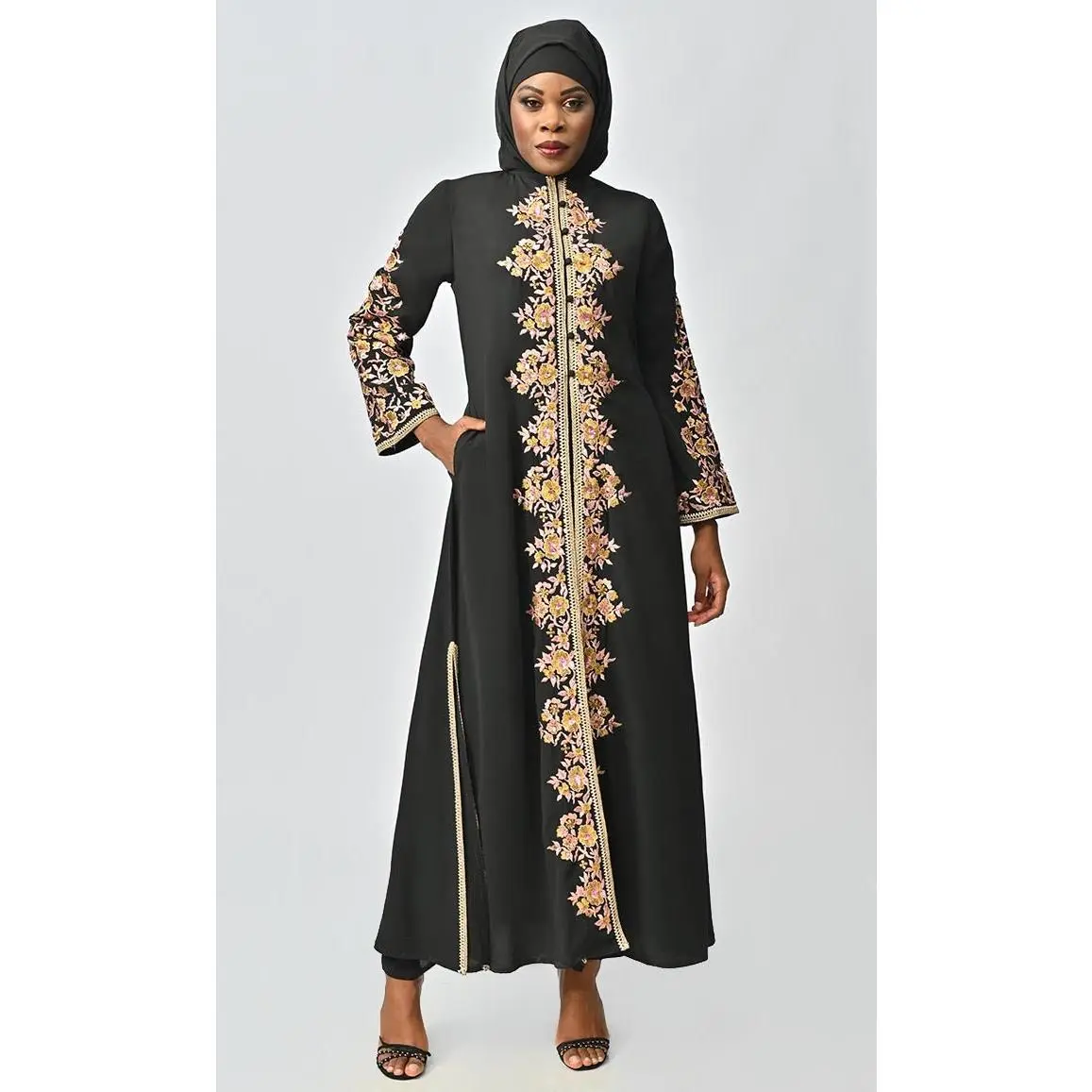 Black Islamic Nida Machine And Hand Embroidered Abaya