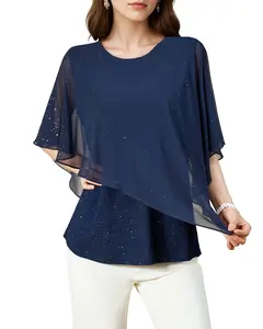 Elegant Navy Blue Sparkly Chiffon Blouse for Women - Flowy Cape Sleeve Round Neck Asymmetrical Hem Dressy Top for Evening Party LE-SY081