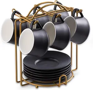 YHOSSEUN Coffee Espresso Cups with Saucers Set with Cup Holder 4 oz, Set of 6 - Demitasse Cups Black