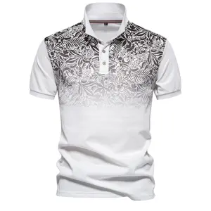Mens Trendy Polo Shirt Short Sleeve Gradient Tropical Floral Design Casual Breathable Polo Slim Fit White Black Ombre Print Summer Golf Polo Street Style Daily Commuter Essential