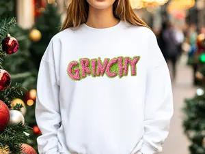 Grinchy Crochet Crewneck -Sweatshirt with Pink and Green Embroidery for Festive Wear