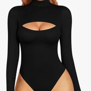 Women's Long Sleeve Front Cut Out Mock Neck Bodysuit