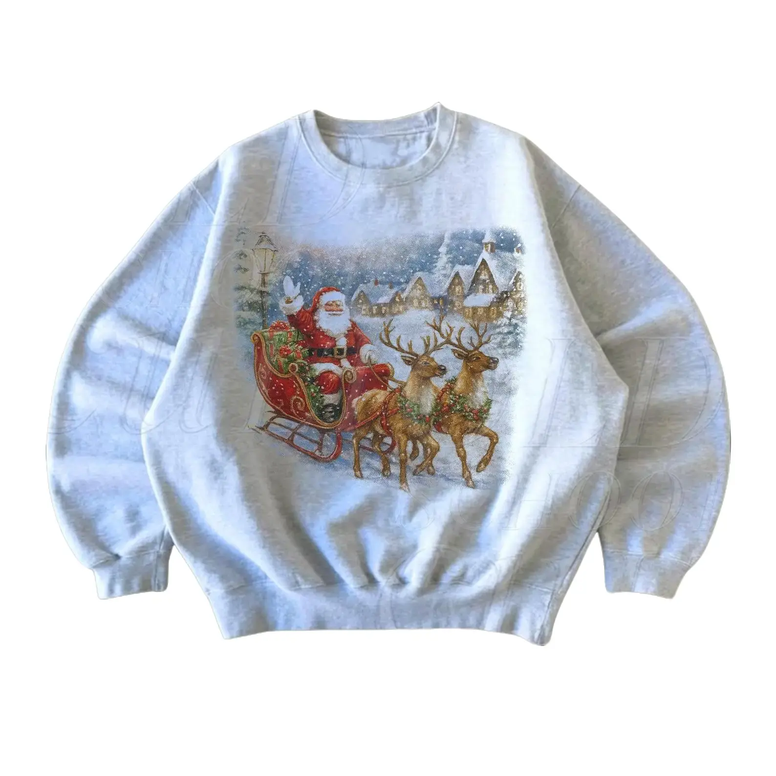 Women's Vintage Cotton Christmas Sweatshirt - Retro Santa Sleigh Digital Graphic Print, Casual Heavy Fabric Crewneck, Slim-Fit, Dark Heather, Customizable, Family Sizing, Hangable, Foldable