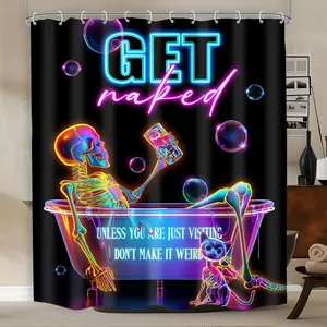 Neon Funny Skull Shower Curtain 60Wx72H Skeleton Gothic Spooky Unique Cool Bone in Bathtub Bubbles Black Halloween Cat Modern Bathroom Decor Colorful Bath Curtain Fabric Polyester 12 Pack Hooks