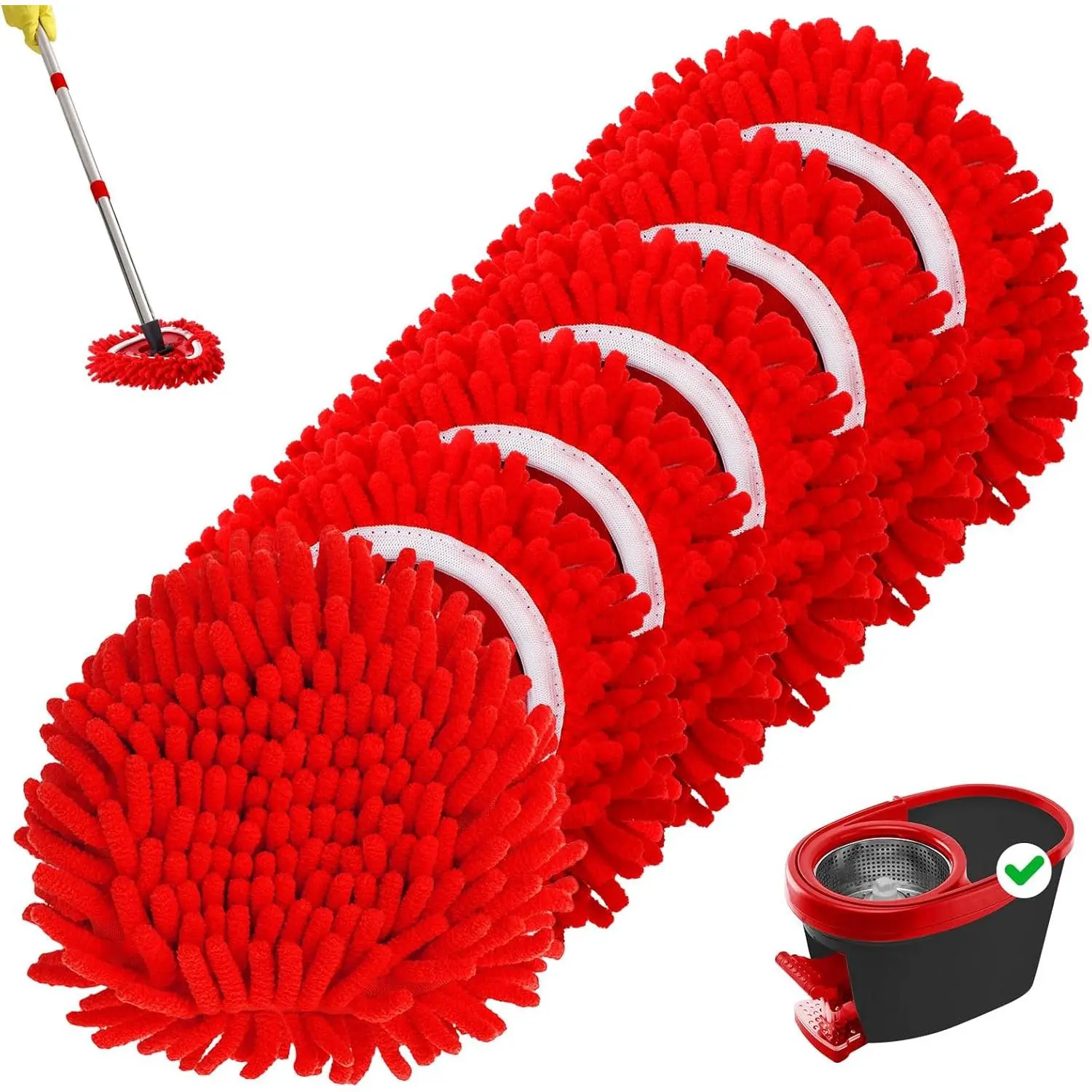 6-Pack Chenille Mop Head Replacements - 20x20cm Spin Head Scrubber for 1-Tank System, Reusable Microfiber Refill Pads for Hardwood Floor Cleaning, Corner Dust Reach, Glass & Wall Clean (Red)