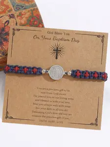 Baptism Day Gift, St Benedict Bracelet with Card, Stainless Steel Braided Cross Bracelet, Religious Jewelry for Boys and Girls