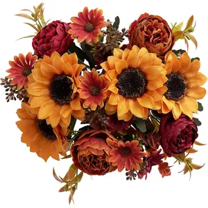 2 Pcs Artificial Sunflower Flower Arrangement, Silk Fake Sunflowers for Home Office, Wedding, Fall Floral Arrangements, Halloween, Thanksgiving, Harvest Festival Decoration