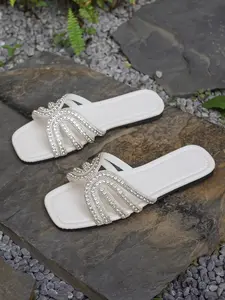 Women's Fashionable Rhinestone Decorated Slides, Glitter Decorated Sandals, Casual Comfortable Flat Slippers for Summer, Non-slip Slides for Indoor & Outdoor Wear, Walking Shoes, Sparkly Party Shoes, White Flat Classy Sandal