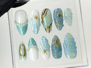 Mermaid Ocean Press On Nails | Blue Ocean-Inspired Designs with Glittery Oceanic, 3D Starfish | Custom Handmade Press On Nails | Acrylic Press On Nail, Summer Nails Seashells, Gen X Nail, Free Ship, Fast Shipping