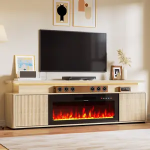 【2 Packages Shipping】Spurgehom Dual-Layer Fireplace TV Stand 70" for TVs Up to 80", Entertainment Center with 36" Electric Fireplace and LED Lights, Media Console Table with Storage Cabinet for Living Room