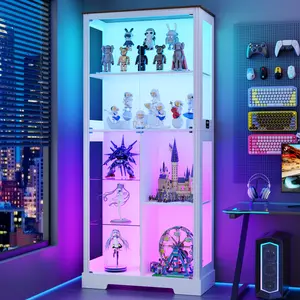 MIU Display Cabinet with Glass Doors, 71'' Tall Curio Cabinet with RGB Lights for Collectibles, LED Display Case with Removable Shelf for Book/Medal/Figure,WHITE