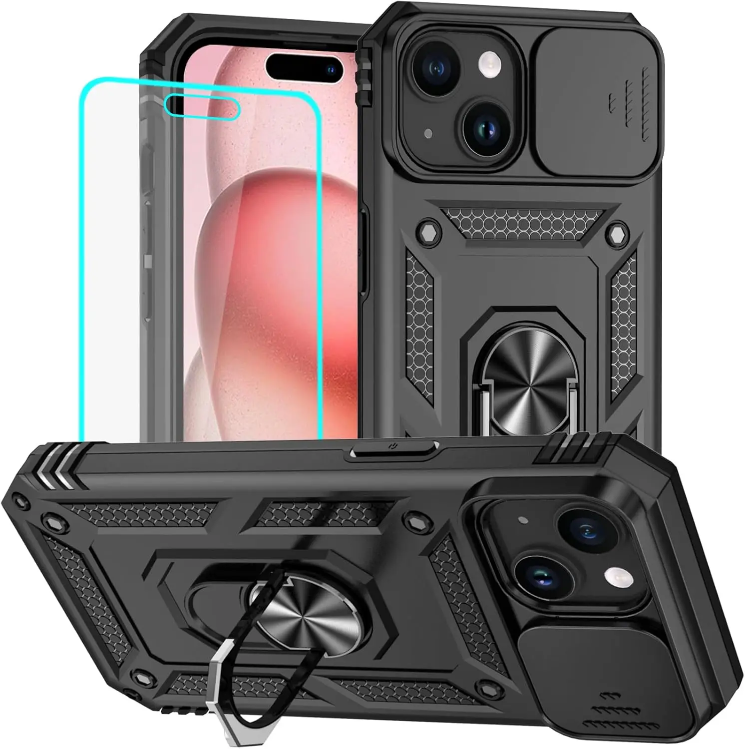 iPhone 15 Case with HD Screen Protector, Military-Grade 20ft Drop-Tested Shockproof Cover with Ring Holder Kickstand, Heavy-Duty Rugged Accessory for iPhone 15 Smartphone, Cellphone, Handheld Devices