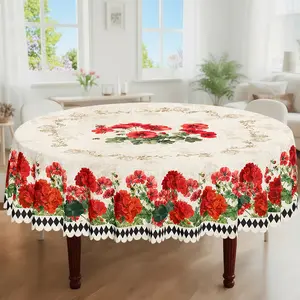 1pc, Spring Summer Themed Party Tablecloth, Vintage Bee Poppy Floral Printed Design, Rectangular/Round/Oval Table Cloth, Embossed Edge, Suitable For Indoor Outdoor Dining Picnic Dinner Dining Room Decoration