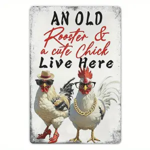 [Farmhouse Style] Vintage-Style Funny Chicken Metal Tin Sign - 'An Old Rooster & A Cute Chick Live Here' - 12x8 Inch Retro Farmhouse Wall Decor for Home, Kitchen, Bar, or Office - Rustic Tinplate Plaque with Whimsical Chicken Desi