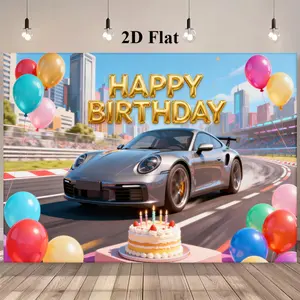 Happy Birthday Banner Backdrop, 2D Flat Cartoon Sports Car Racing Design, Perfect for Party Photography & Decoration