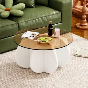 Office Tables Computer Workstations, 32'' Round Glass Coffee Table, Modern Table with Glass Top, Stylish Round Coffee Table for Living Room, Space-Saving Design for Small Spaces, Easy to Assemble