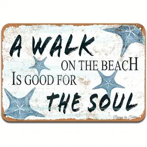 2D Flat, 1pc Vintage Coastal Metal Wall Art Plaque - "A Walk on the Beach is Good for the Soul" Beach-Themed Decor with Starfish & Seashells - Rustic Distressed White & Blue 8*12in Aluminum Sign for Home, Cafe, or Coastal Room Decoration