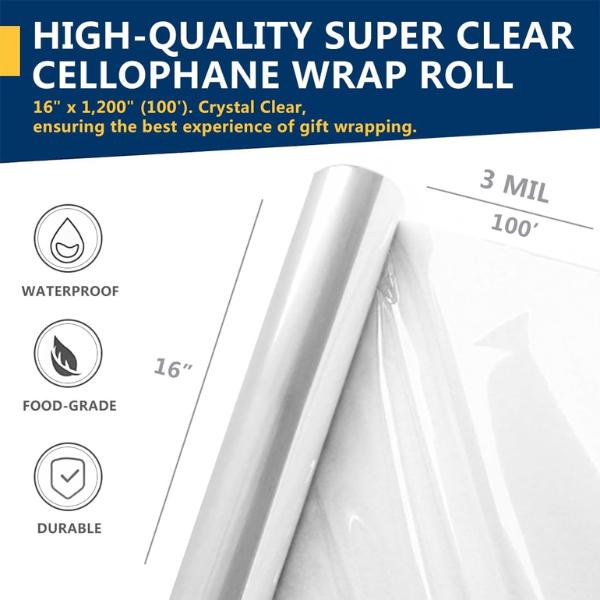 Clear Cellophane Wrap Roll 16" x 100' 3 Mil Thick for Gift Basket, Treats, Goodie Wrapping, Craft, Flower Bouquet - Plastic
