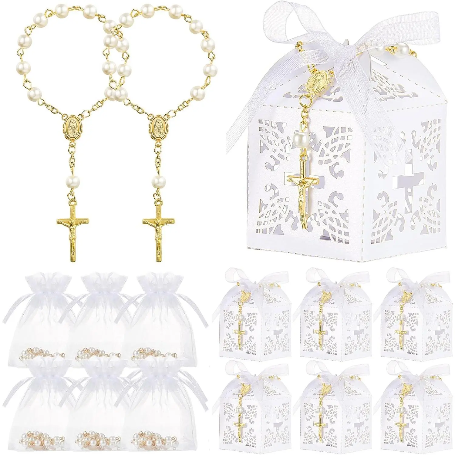 50-Pieces Religious Acrylic Baptism Rosary Beads with Crucifix Cross - 4.5in Length, 6mm Diameter, 6.7g Weight, Faux Gold Pearl Bracelets, Lightweight Hollow Gift Boxes, Organza Bags, Holy Images for Baptism Favors, Gift Wrapping