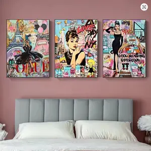 3pcs/set Movie Star Audrey Hepburn Under The Eiffel Tower in Paris Portrait Graffiti Canvas Posters Street Pop Art Mural Home Room Decor, No Frame