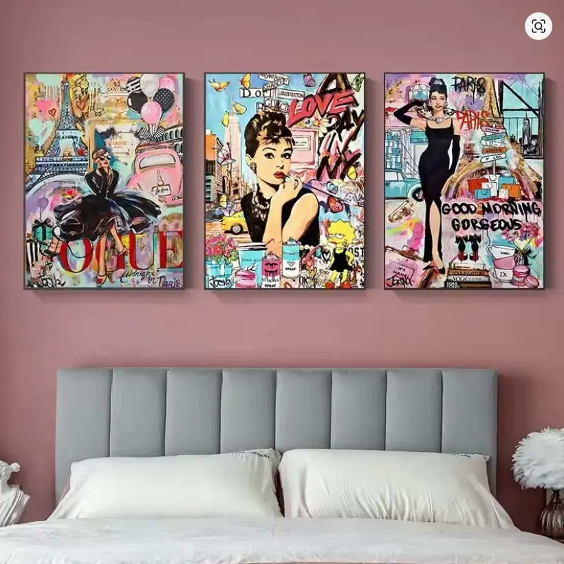3pcs/set Movie Star Audrey Hepburn Under The Eiffel Tower in Paris Portrait Graffiti Canvas Posters Street Pop Art Mural Home Room Decor, Unframed Wall Art, No Frame