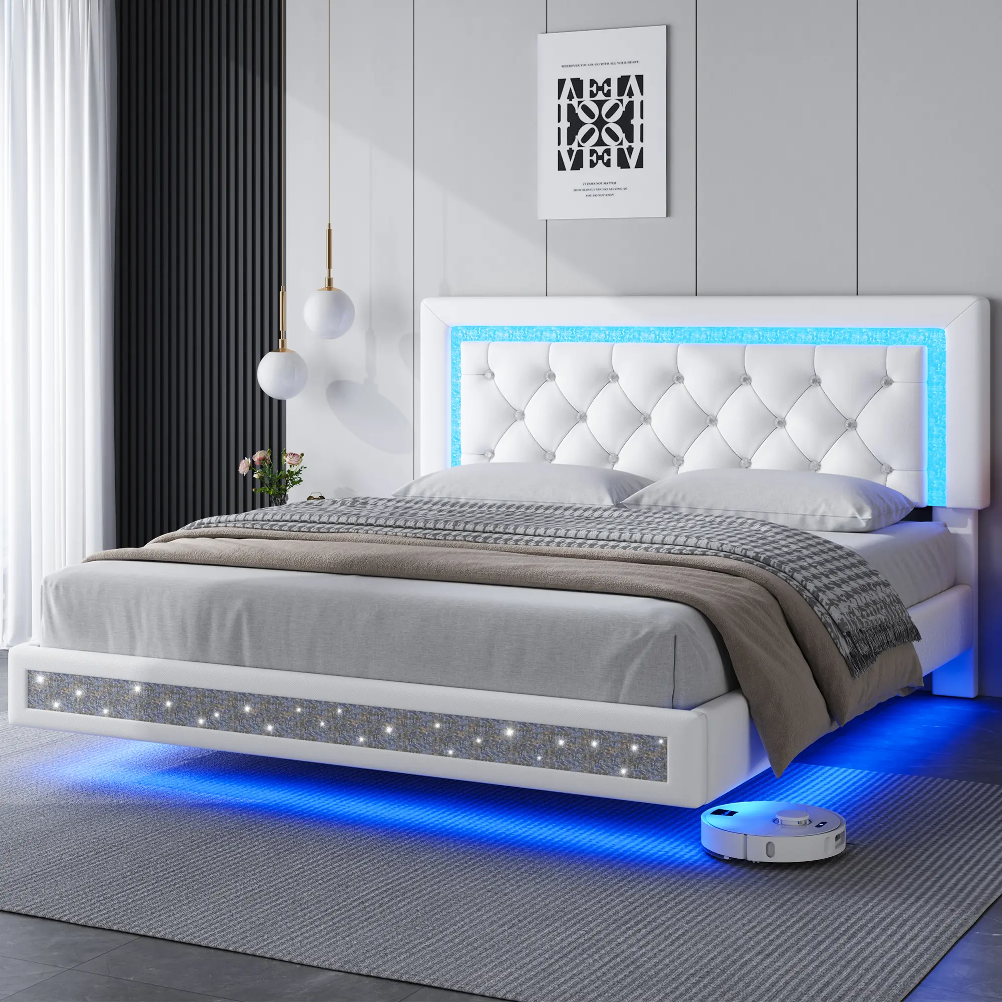TryLazy LED Floating Bed Frame, Full/Queen/King ,Platform Bed with Wooden Slat Support, Camas Queen, Easy Assembly, No Box Spring Needed, Noise-Free, Bedroom Furniture,dorm essentials,home decorBackToSchool