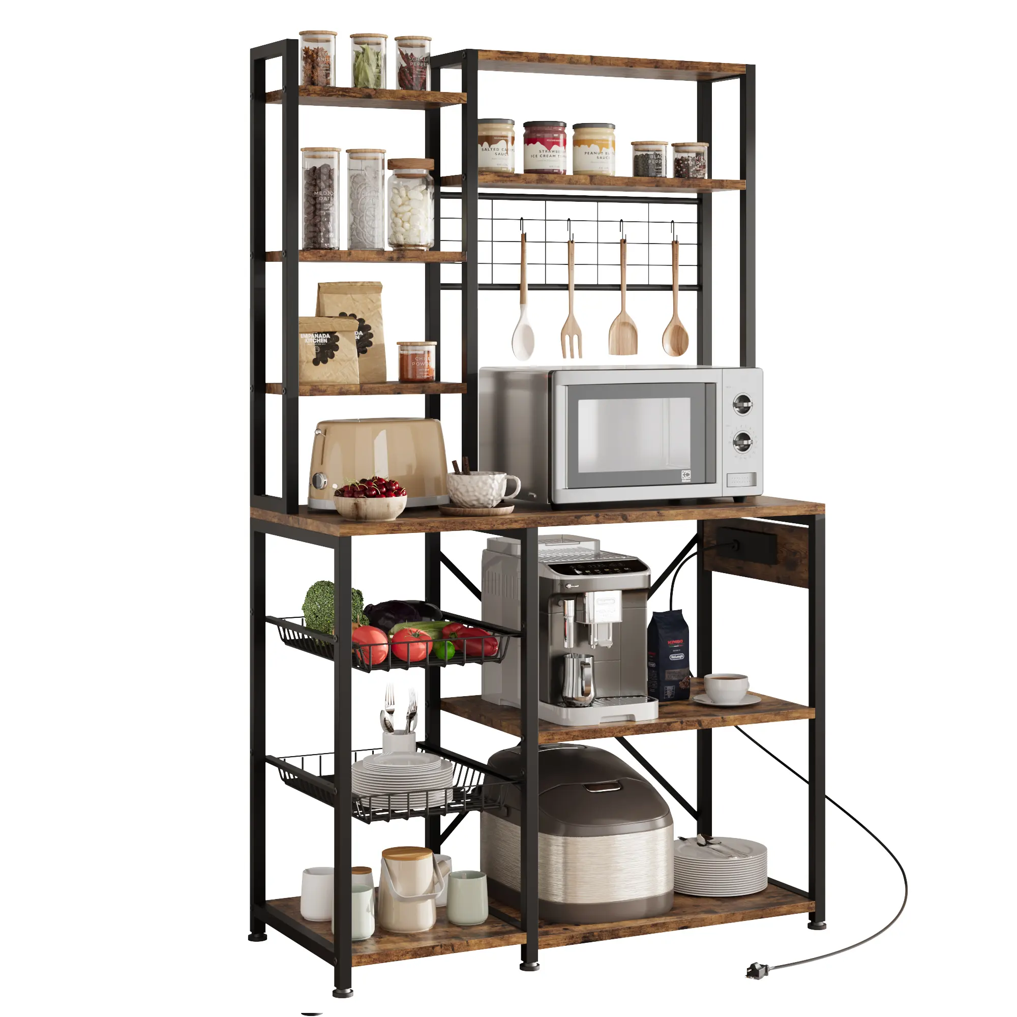 7-Tier Industrial Bakers Rack with Power Outlet – Large Kitchen Microwave Stand & Coffee Bar – Storage Shelves, Wire Basket, Hooks – Freestanding Metal Organizer – Rustic Grey