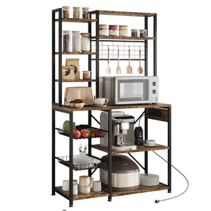 7-Tier Industrial Bakers Rack with Power Outlet – Large Kitchen Microwave Stand & Coffee Bar – Storage Shelves, Wire Basket, Hooks – Freestanding Metal Organizer – Rustic Grey