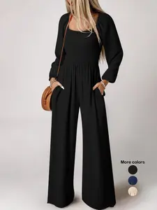 Women's Solid Shirred Pocket Jumpsuit, Elegant Bishop Sleeve Square Neck Jumpsuit for Fall & Winter, Women's Clothes for Daily Wear