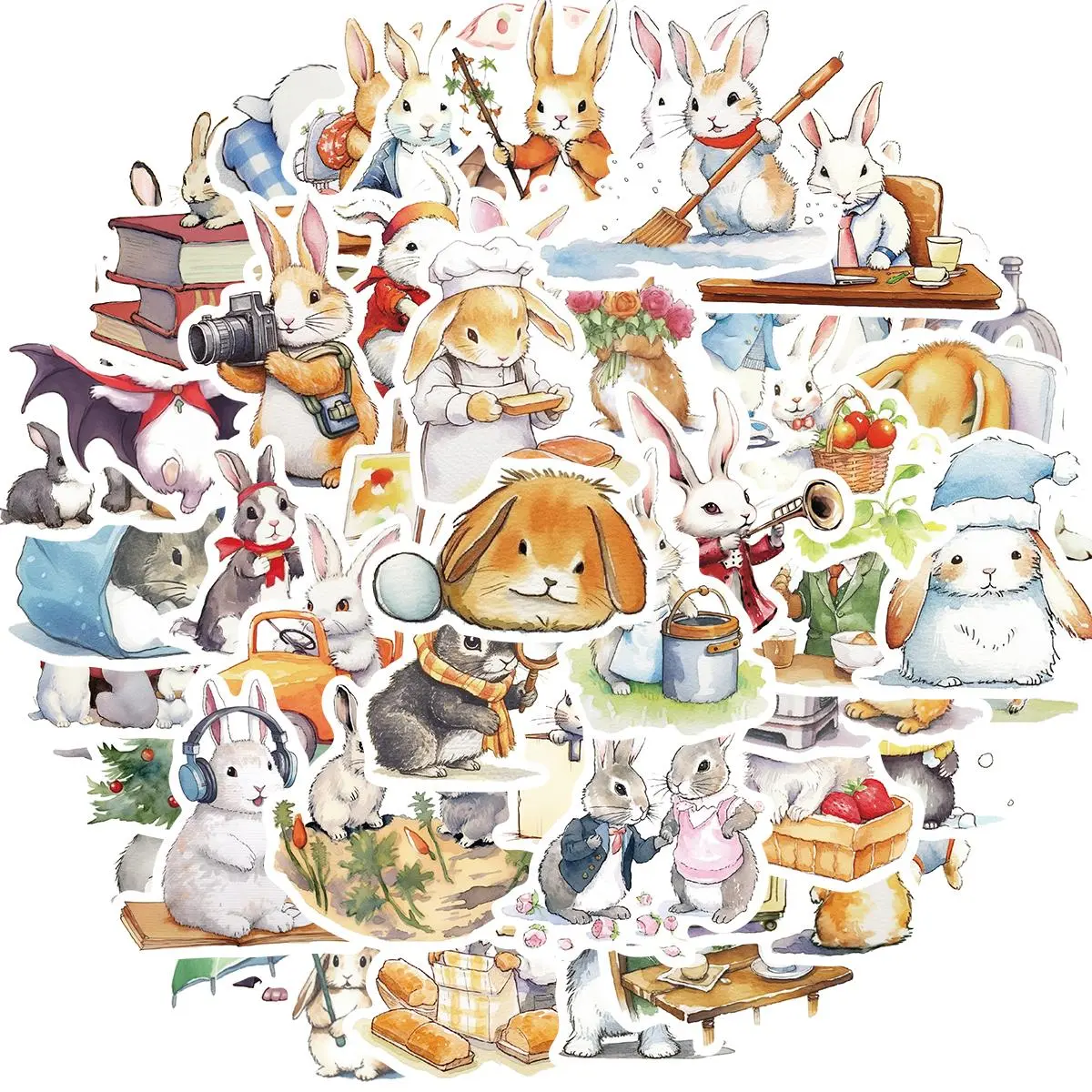 Cute Rabbit Pattern Sticker, 50pcs/set Waterproof Self Adhesive Decor Paper, Decor Sticker for Gift Greeting Card Water Bottle Laptop Phone, Ornaments